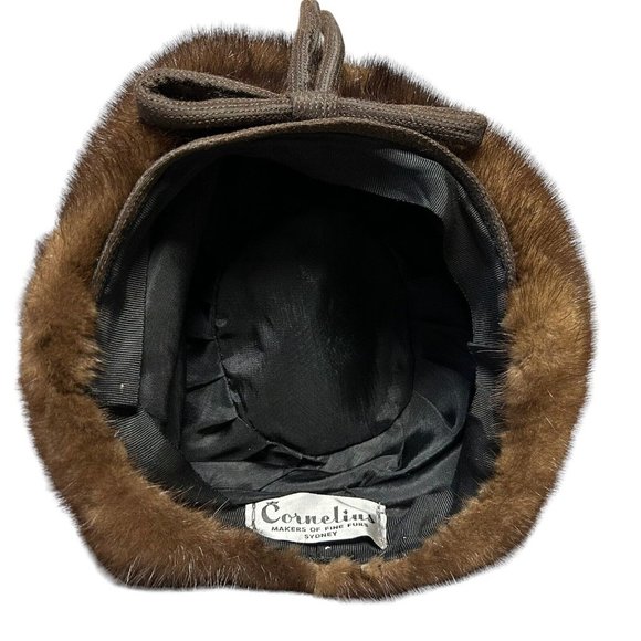Vintage Cornelius Makers of Fine Furs Brown Mink Pillbox 50s 60s Womens Hat Bow - Picture 5 of 8
